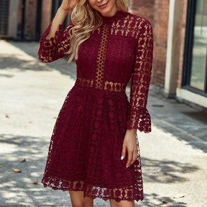 Burgundy Mock Neck Flounce Sleeve Lace Dress